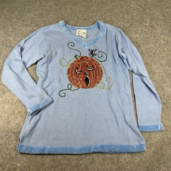 Quacker Factory Sweater Medium Sequin Pumpkin Spider Jack O Lantern Halloween - Picture 1 of 8
